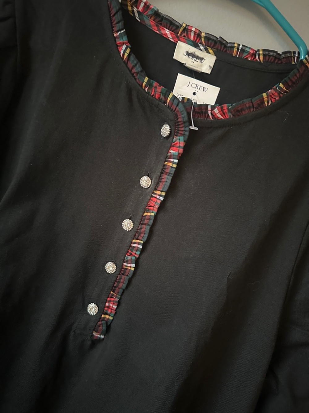 J. Crew NWT‎ Black Long-Sleeve tartan and jewels Henley women’s medium - Picture 9 of 12